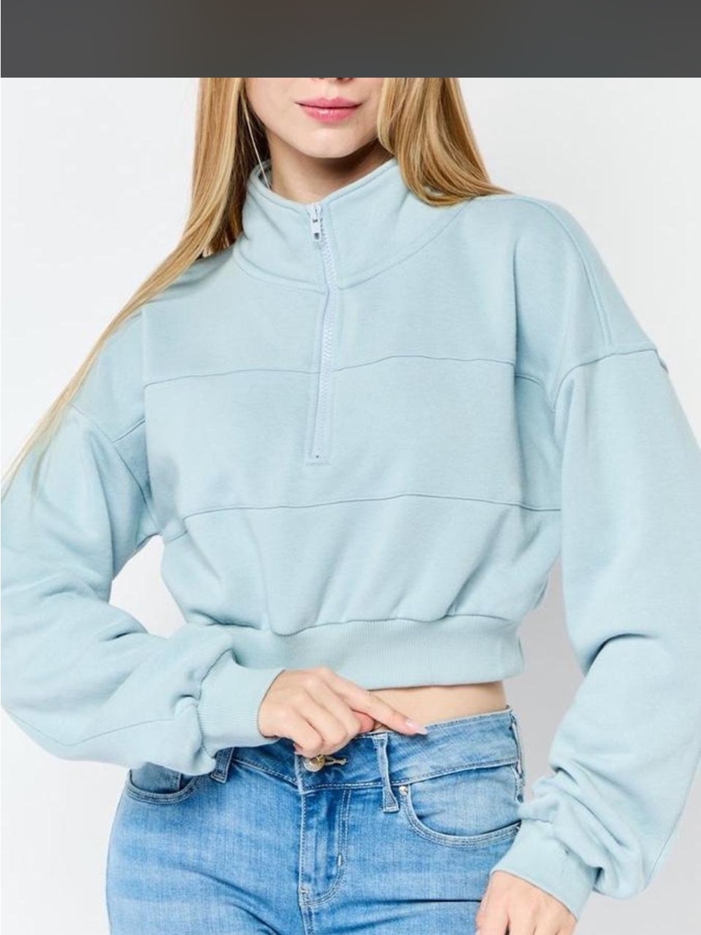 Cropped Light Blue Quarter-Zip Pullover Top
